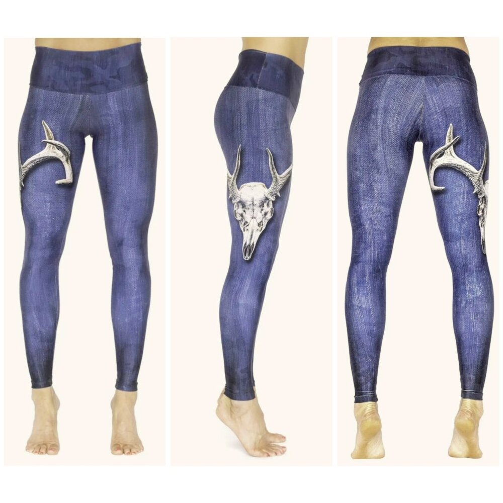 VENOR Whitetail Athletic Leggings Sz 2 XS Blue Bull Steer Cattle Cow Skull USA